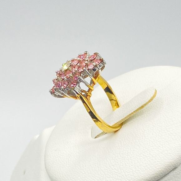 Gold and Silver Tone Ring Pink Clear Glass Cubic Zirconia Cocktail Unmarked SZ 7 - Picture 2 of 13